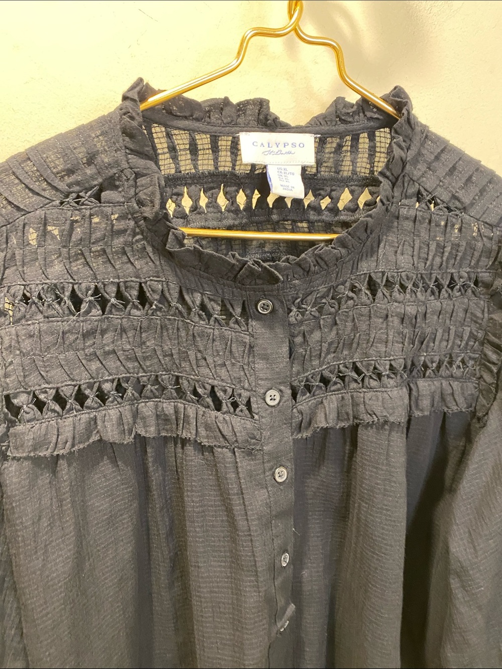 Calypso St. Barth Black Crochet Yoke Button-Down Cotton Top Sz XL - Picture 5 of 11